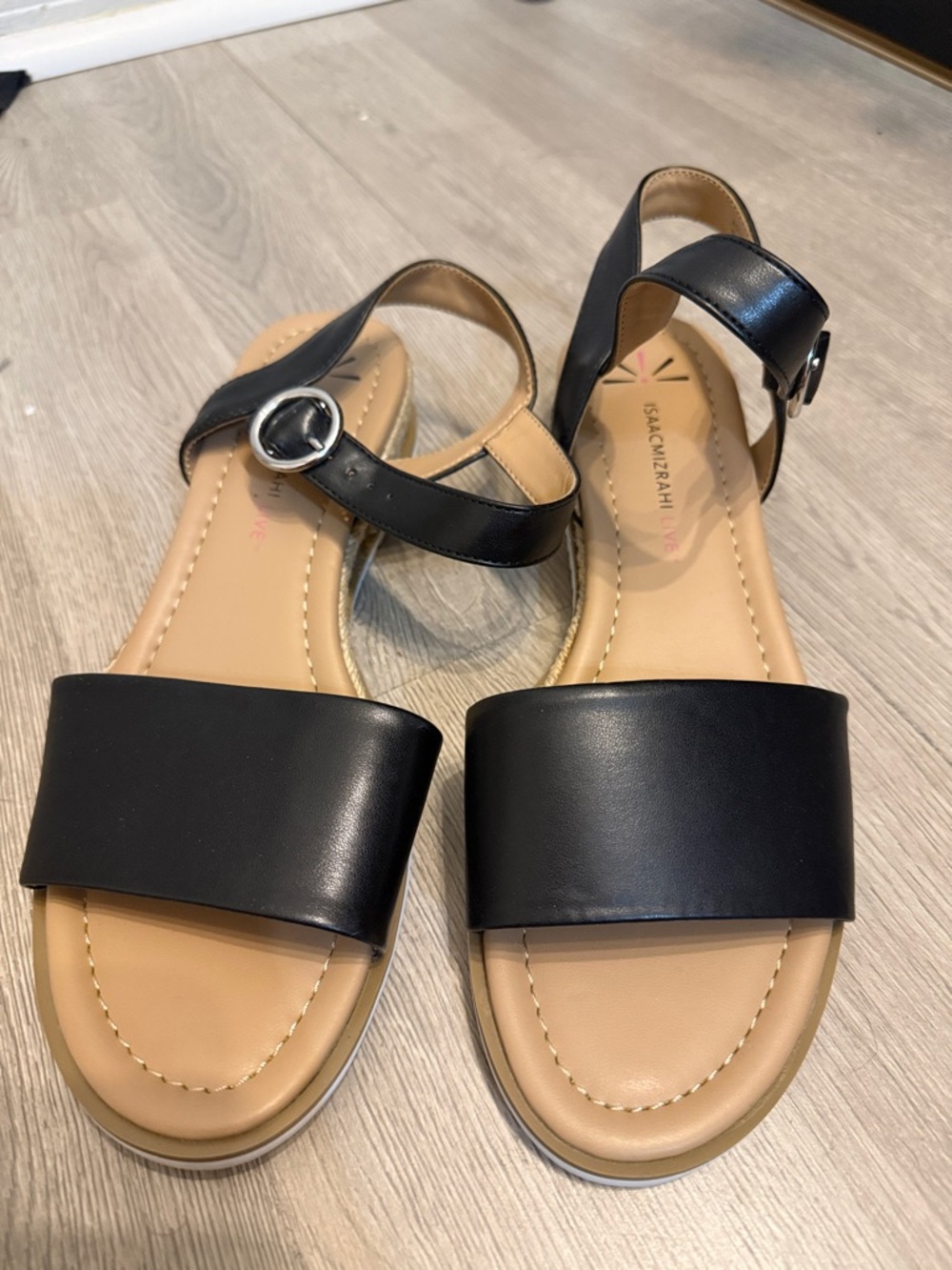 Isaac Mizrahi Black Leather Ankle-Strap Flat Sandals